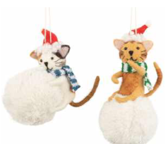 Felt Cat On Snowball Ornament